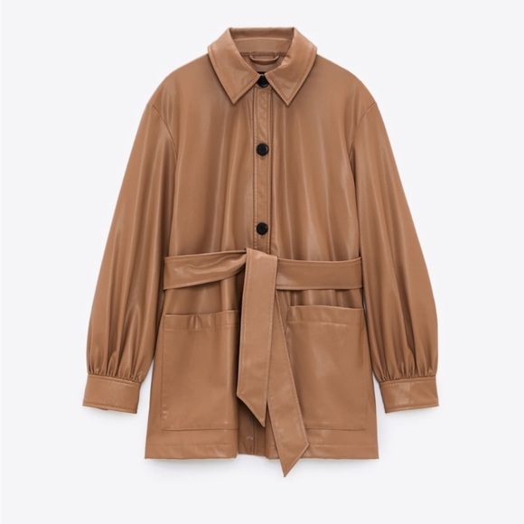 Zara Women’s Camel Faux Leather Belted Oversized Shirt Size Small! - Picture 1 of 13